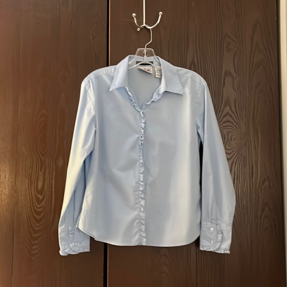 Bill Blass light blue, tiny ruffled, long sleeved blouse. Size Large.